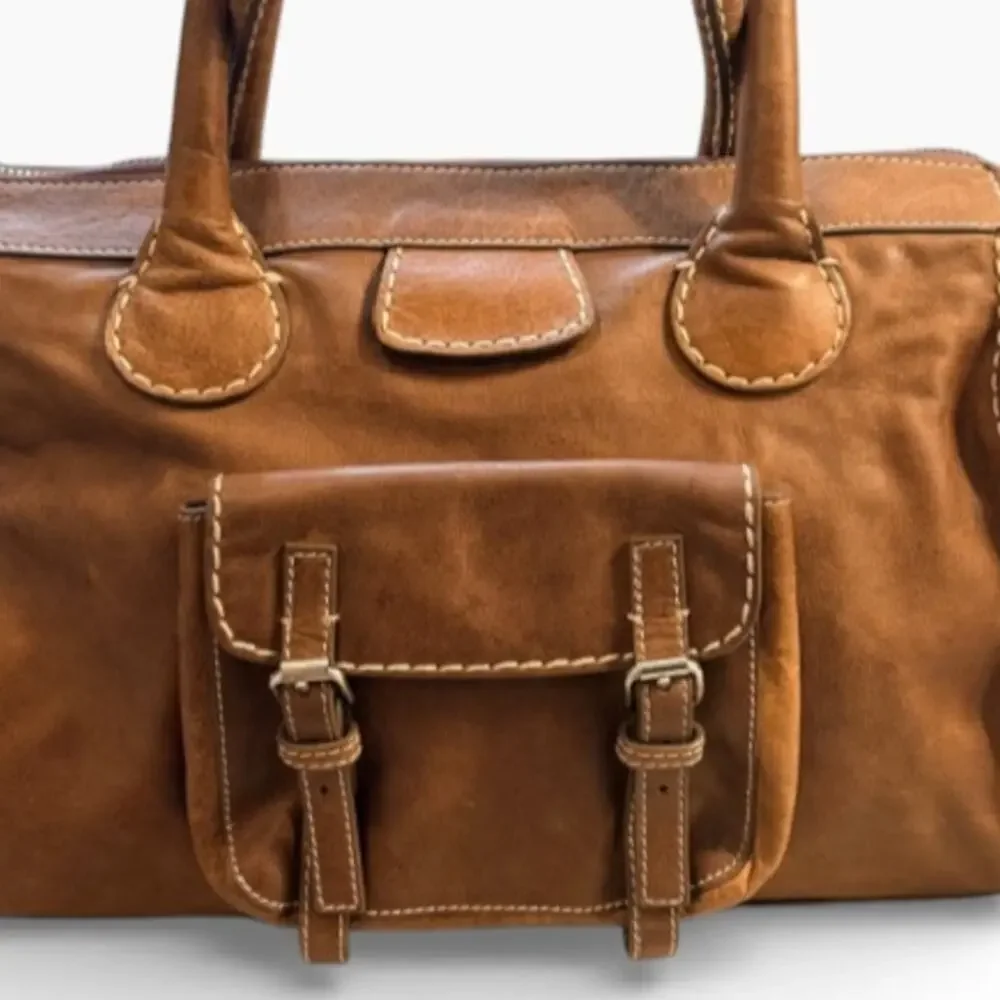 Vintage Ashneil Italian Leather Satchel Cognac Brown Large Tote Bag